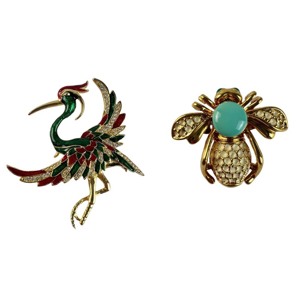 Vintage Gold Tone Enamel Rhinestone Figural  Brooch Pins Bird Bee Repair Crafts
